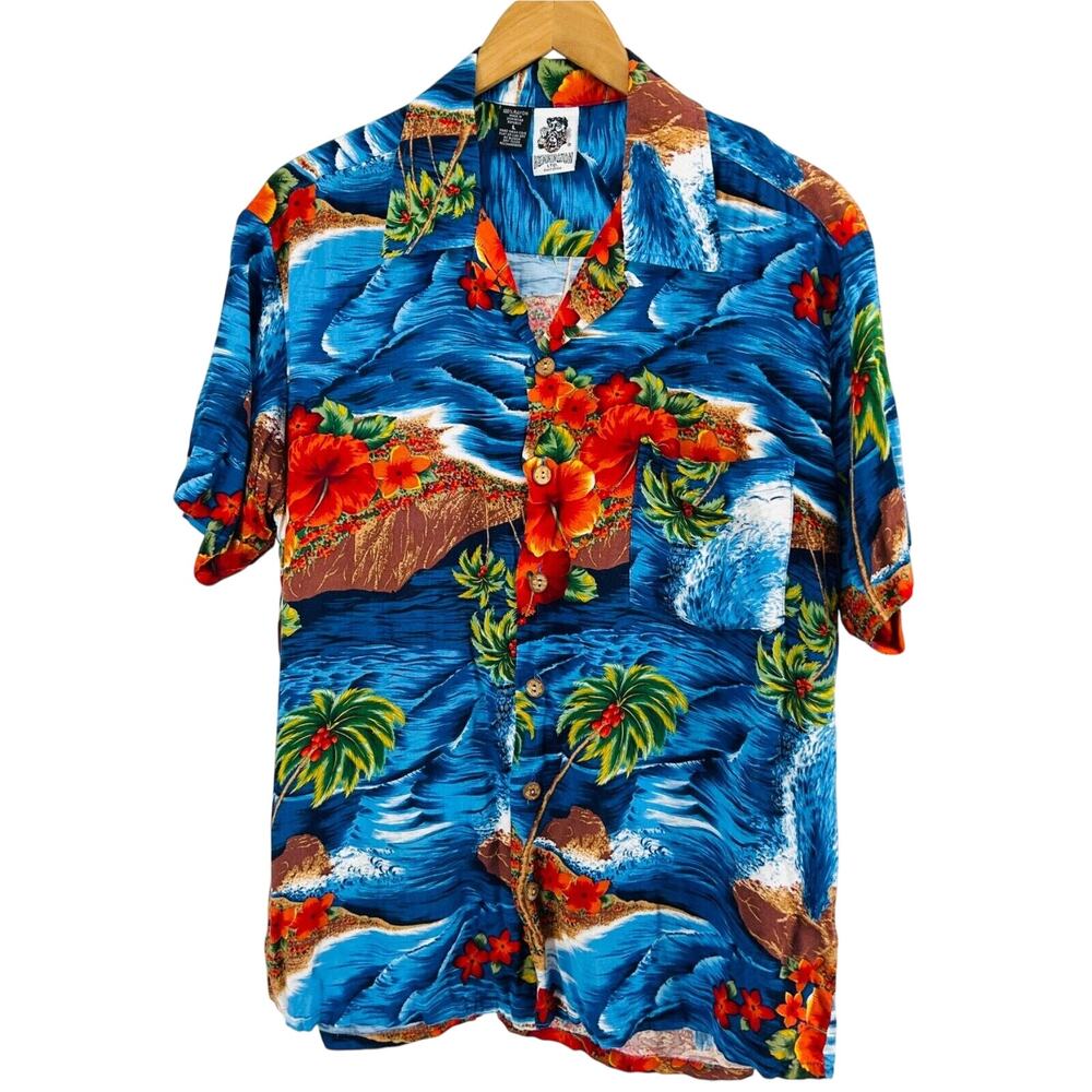 Vintage 90s Kennington Blue Hibiscus Island Palm Tree Tropical Aloha Shirt
